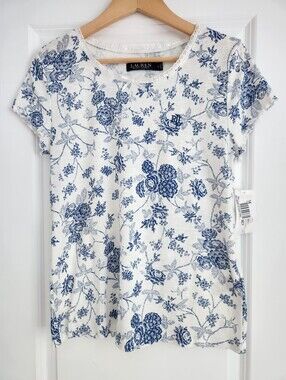 NWT - Lauren Ralph Lauren White and Blue Ivy Floral Lettuce Cap Sleeve T-Shirt